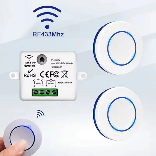 1 Receiver + 2 Remote Control Set RF 433MHz Wireless  10A Relay Receiver Remote Control Light Switch 220V 110V Mini Round Button Wall Panel Switch For LED Lamp