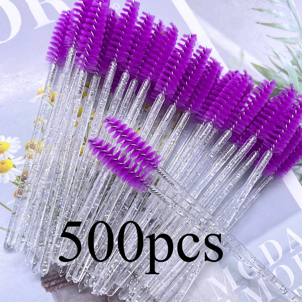 NEW Arrivals 500 PCS Set Eyelashes Brush Crystal Diamond Handle Make-Up Brush Mascara Wands Eyelash Extension Tool Supplies Applicator Spoolers Women Girls Cosmetic Accessories