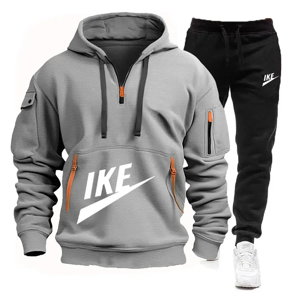 NEW Arrivals 2PCS Set S-3XL 8 Colors Men's Outdoor Gym Running Hiking Fitness Long Sleeved Hooded Sweatshirt and Casual Sweatpants Suit, Multi Zipper Design, Autumn/Winter Male Men Sports Fashion Apparel Supplies