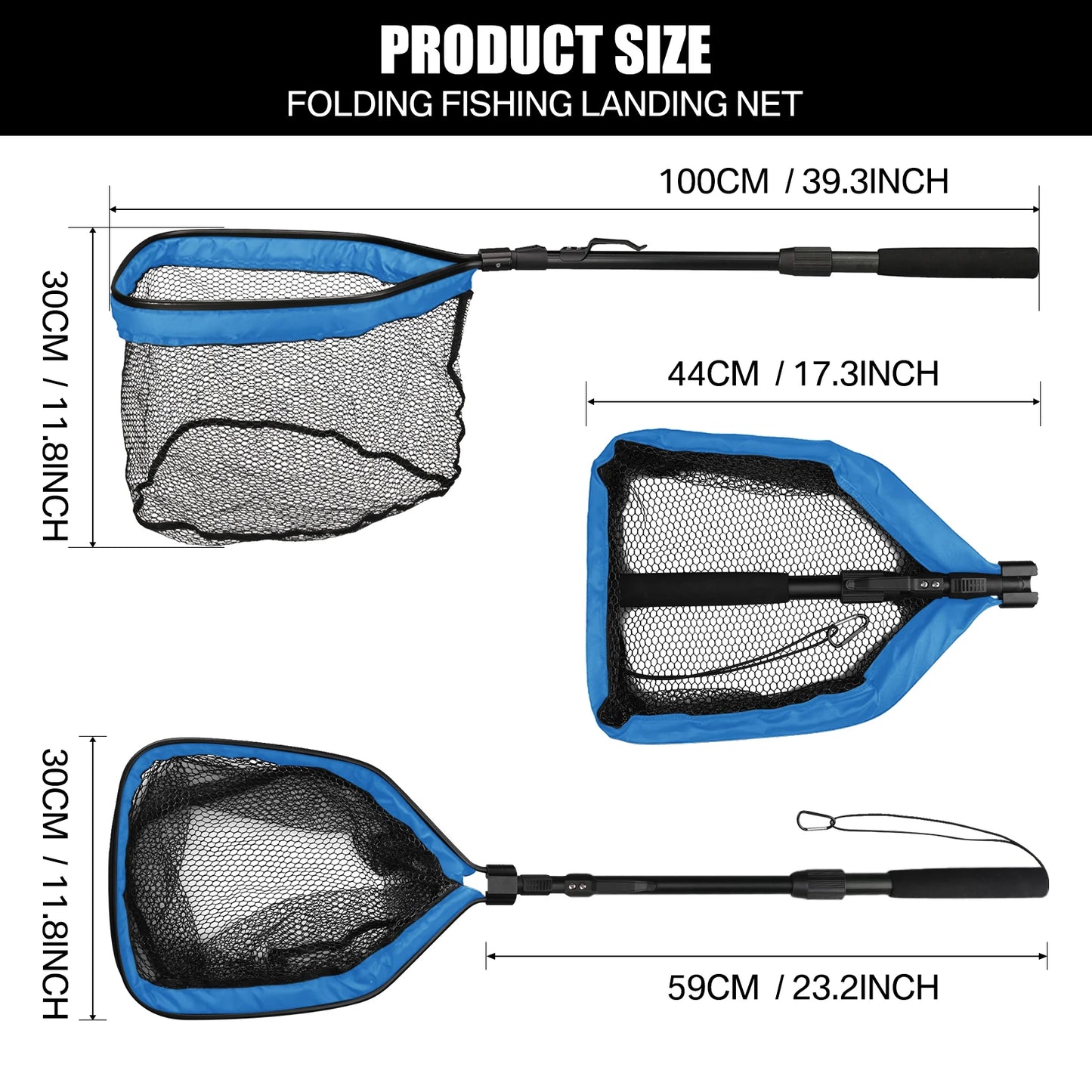 Fishing Landing Net Aluminum Alloy Durable Telescoping Extend to 190cm/130cm/55cm Folding Mesh Safe Fish Catching Releasing Fishing Accessory Sets