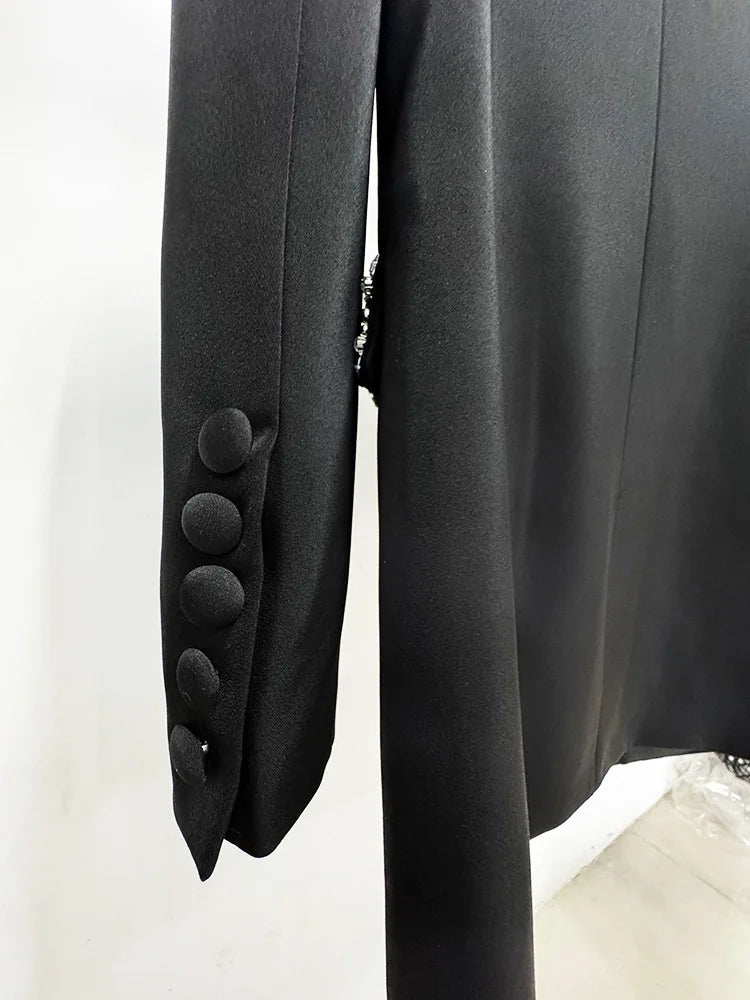 NEW Arrivals UK Large Size Black/White Color Top Quality Autumn Winter Spring Italian Luxury Fashion Beading Diamonds Blazer Women Suit Coat White Long Sleeve Double Breasted Long Blazer Office Lady Products
