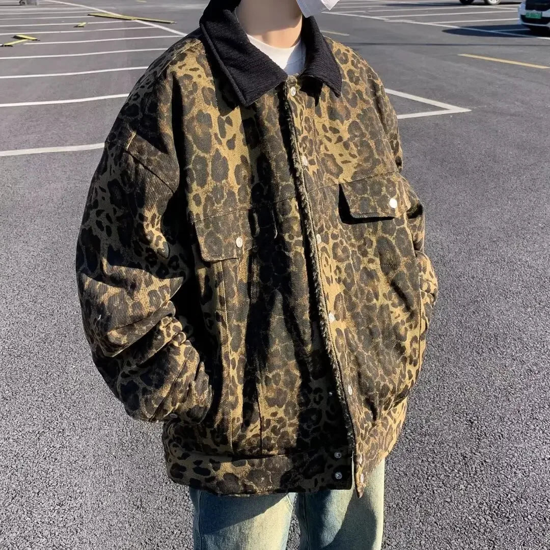 MEN High Quality Luxury Leopard Padded Double-Sided Thicken Jacket Men Fashion Supplies Vintage Winter Snow Clothes Products Lambswool Warm Coat American Loose Warm Parkas Hip Hop Outwear Men Luxury Fashion Clothing Supplies