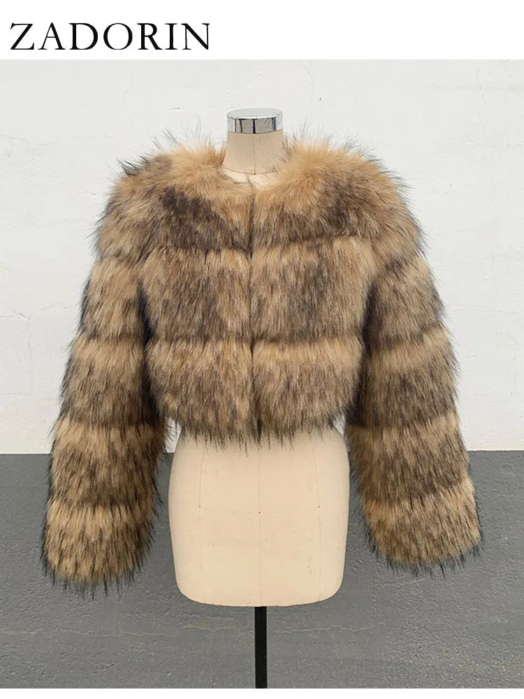 NEW Arrivals S-6XL High Quality Cropped Faux Raccoon Fur Coat Women Winter Warm Snow Outwear Fashion O Neck Long Sleeve Fluffy Short Faux Fur Jacket Crop Top Ladies Girls Luxury Fashion Clothing Supplies