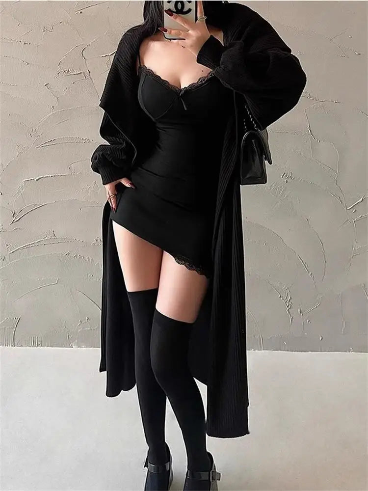 Retro Lace Patchwork Spaghetti Strap Black Bodycon Dress Mini Fashion Aesthetic Bow Club Party Sexy Dresses for Women