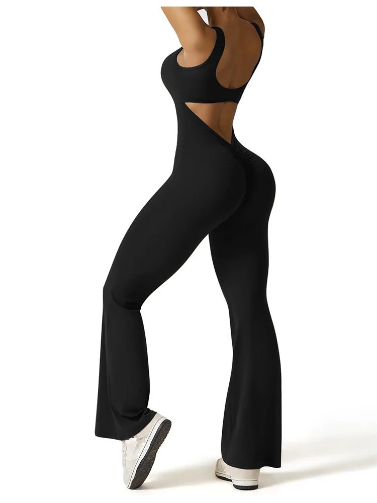 5 Colors S-XL Size Women's Fitness Flared Bodysuit Sexy Backless Fitness Tight Waistband Hipless Yoga Bodysuit V Back Waistband Hip Lift Female Apparel Sports Clothing Supplies