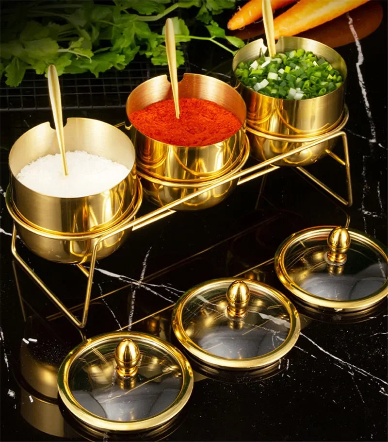 NEW Arrivals 2/3/4 Sets Luxury Golden 304 Seasoning Box Bottle Glass Pot Cap with Spoon Flavoring, Holder Rack Tank Sauce Spice Jar Salt Soy Storage Box Kitchenware Preparing Cooking Tools