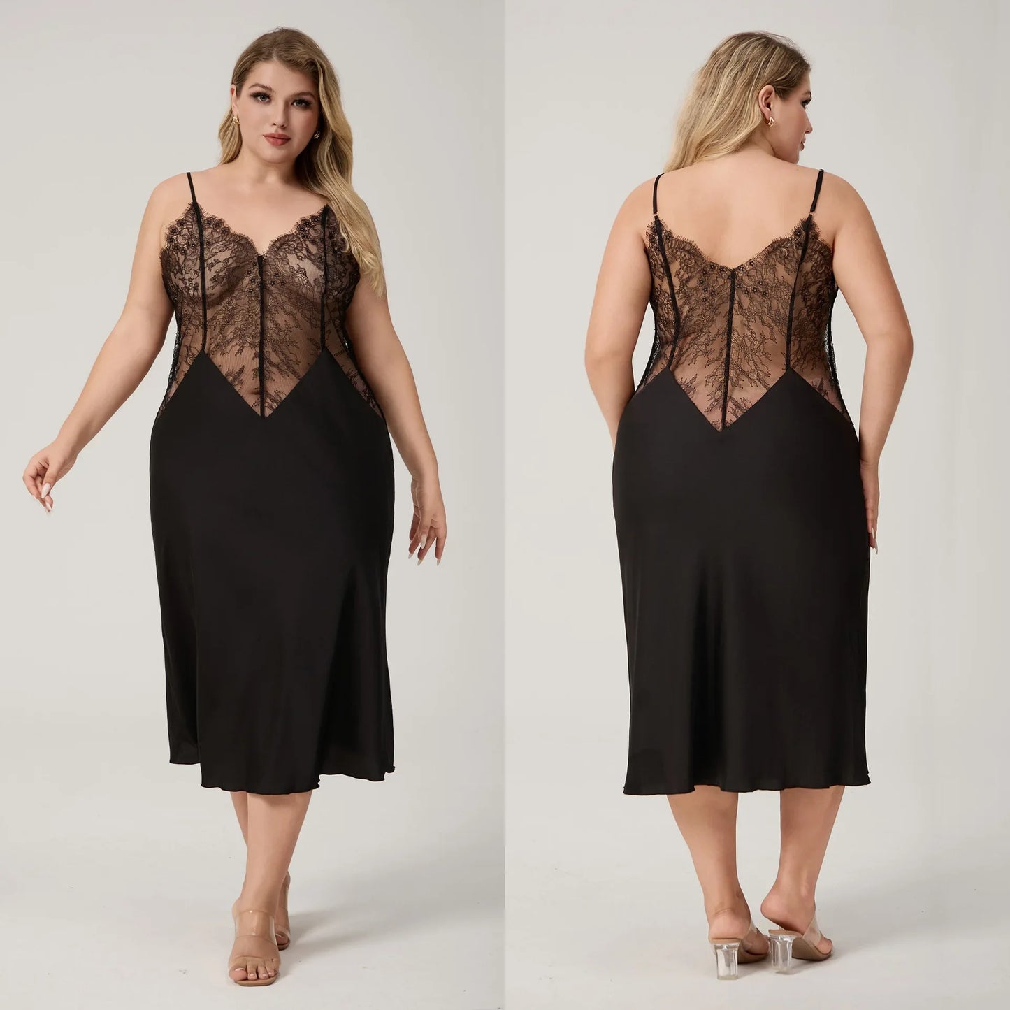 For Curvy Ladies UK Oversize XL-5XL Long Nightgown Sleepwear Sexy Patchwork Hollow Out Lace Lingerie Nightdress Loose Ice Silk Home Wear  Big Women Loungewear