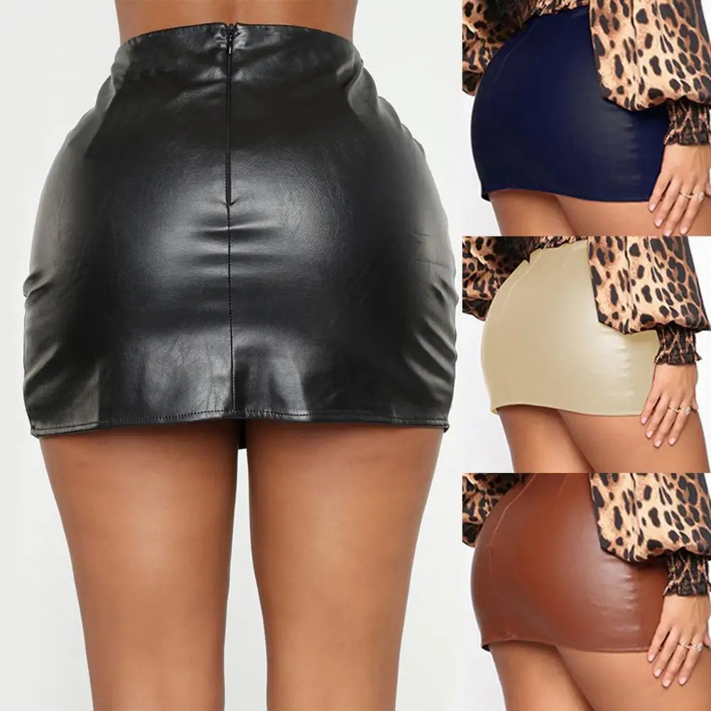 Women Italian Sexy Skirt S-2XL UK Plus Size 9 Solid Colors Hidden Zipper Mini Skirt PU Leather High Waist Split Skinny Skirt Female Streetwear Women's Clothing