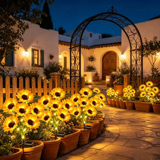 2 PCS Bouquet (12 Heads) Home Villa Solar-Powered Outdoor Decorative Lawn Lights LED Sunflower Decor Pathway Ground Stake Light for Garden Street Patio Balcony Yard