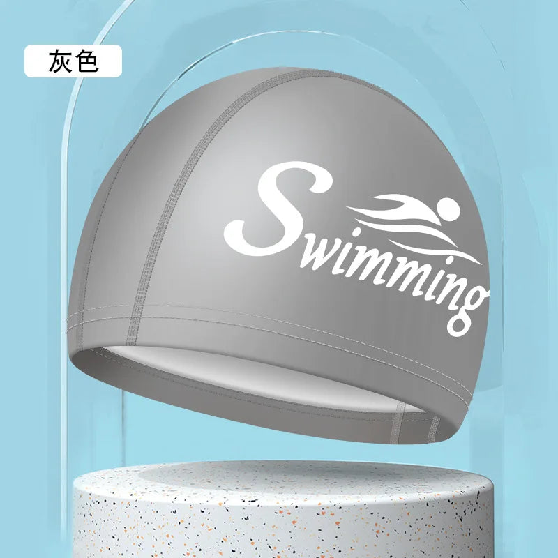 Swim Caps for Women Men Universal Large Size Long Hair Ear Protection Swimming Caps PU Waterproof Letter Printed Swimming Cap Bathing Accessories Sports Supplies