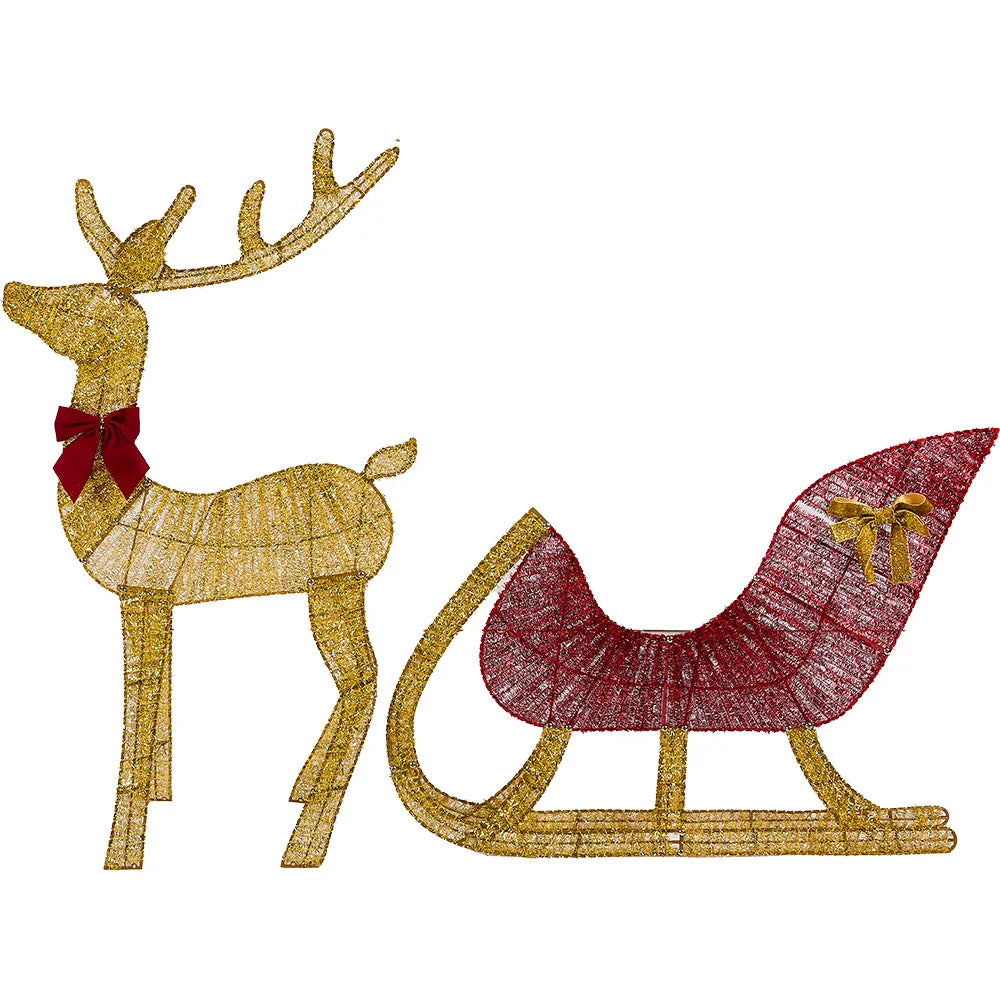 NEW Arrivals Lighted Christmas Reindeer and Sleigh Outdoor Yard Decoration Set with Lights Stakes Holiday Party Home Outdoor Garden Courtyard Lawn New Year Eve Decoration Accessories Supplies