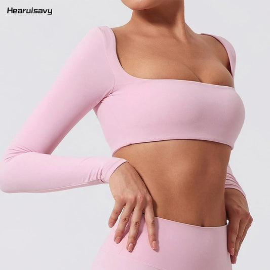 NEW Arrivals S-XL 7 Colors  Quick Dry Square Neck Activewear Women Gym Top Women Fitness Sports Crop Top Female Casual Long Sleeve Yoga Clothes