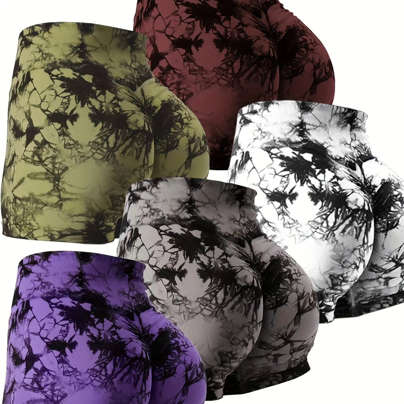 NEW Arrivals 5PCS Set  High-Waisted Tie-Dye Biker Shorts for Women - Stretchy, Moisture-Wicking, Quick-Drying, High-Quality Nylon Fabric Yoga Fitness Gym Outdoor Running Shorts Set Sports Supplies