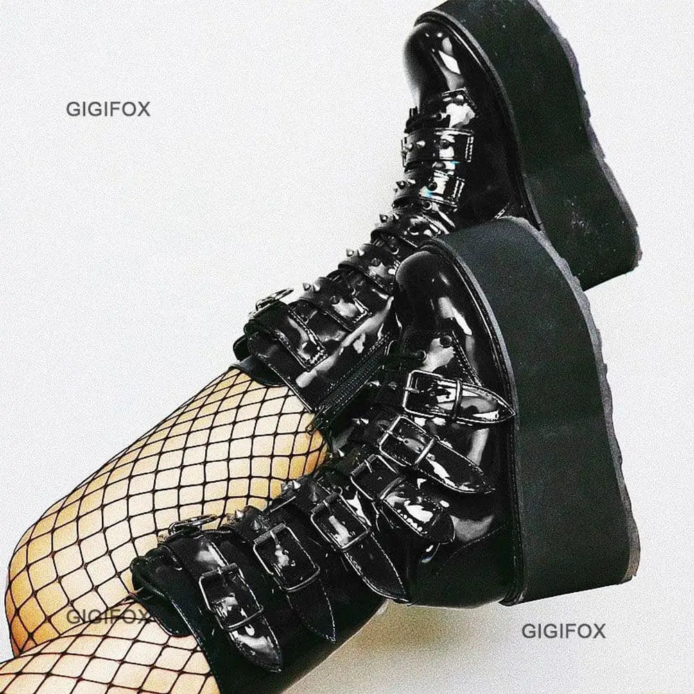 GIGIFOX Brand Big Size 43 Fashion Gothic Rianbow Platform Buckles Zipper Colorful Great Quality Motorcycle Boots Woman Shoes
