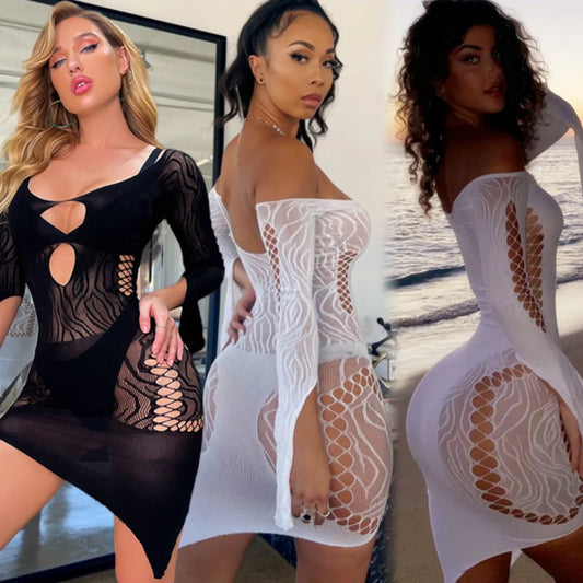 NEW Arrivals S-2XL UK Flexible Size 4 Colors High Quality Mesh Sex Set Women's Hot Sexy Fishing Net Bodycon Mini/Maxi Dress Erotic See Through Hollow Mini Skirt Sexy Night Club Outfits