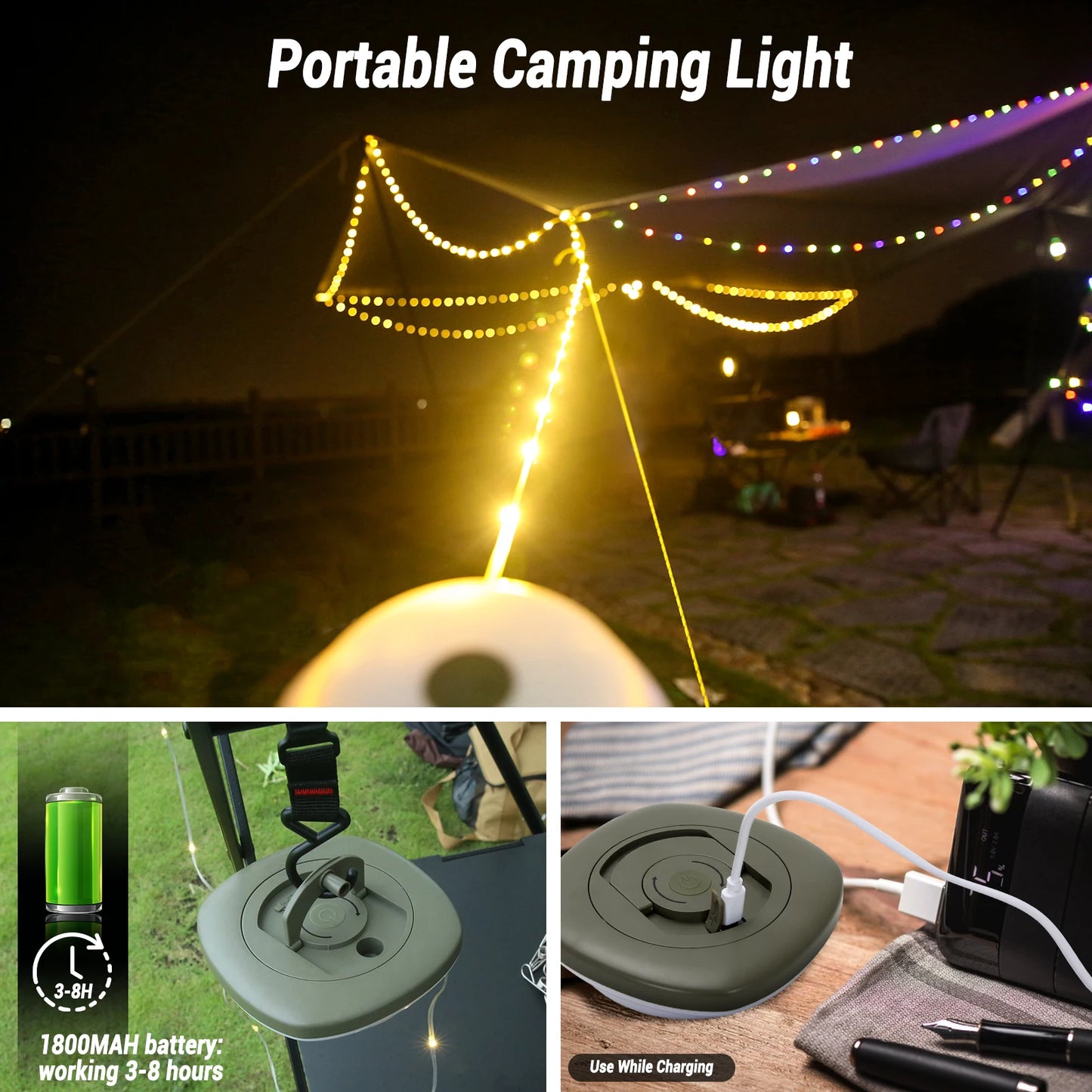 Camping String Lights,33Ft Light with Lanterns (2 in 1 Design),Camping Lights 2000mAh,IPX6 Waterproof,Rechargeable Flashlights