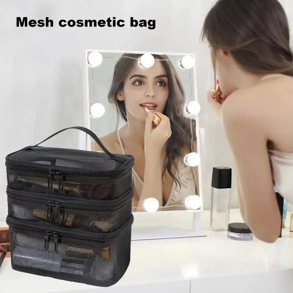 NEW Large Capacity Mesh Make Up Pouch Portable Multi-Layer Cosmetic Bag with Capacity Visible Zipper Closure for Travel Airport Outdoor 
 Makeup Storage Organizer Ladies Cosmetics Accessories Supplies