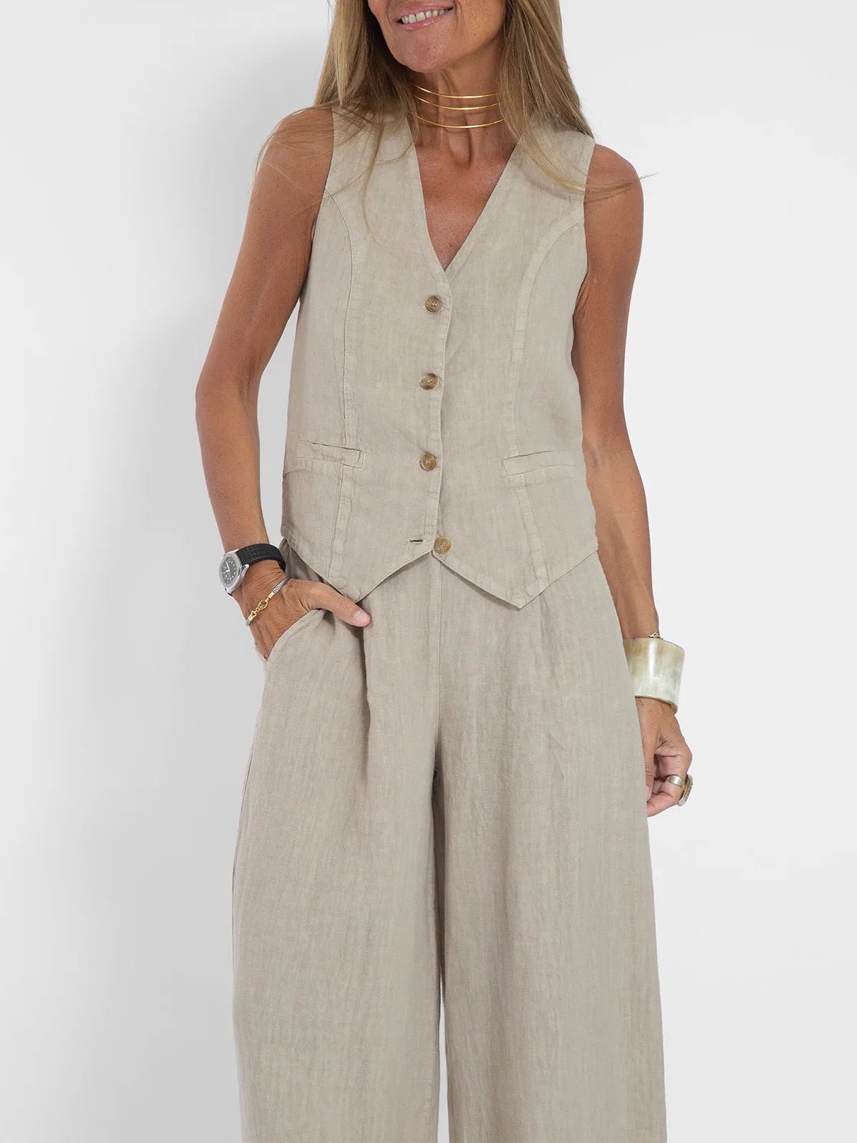 NEW Arrivals 2PCS Set S-2XL UK Size Women's Clothing Spring Summer New Fashionable Vest Pants Collage Splicing Pure Sleeveless Color Temperament Casual Suit
