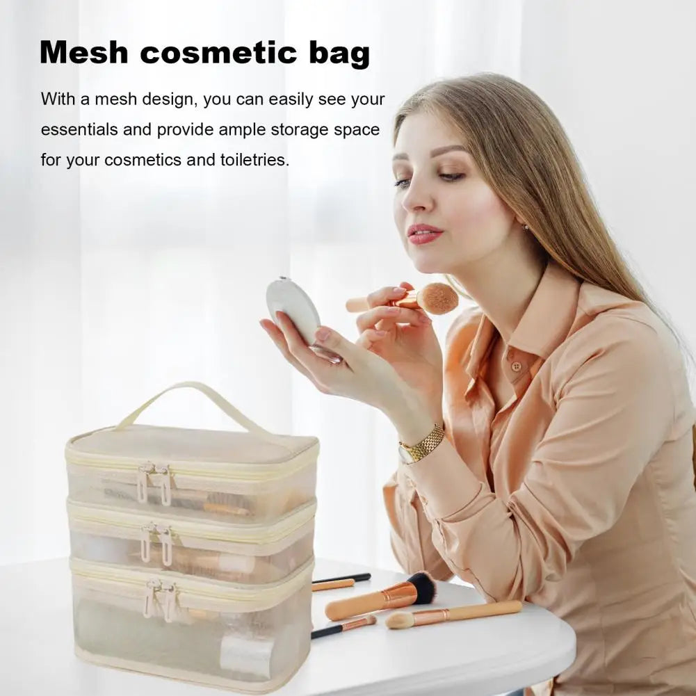 NEW Large Capacity Mesh Make Up Pouch Portable Multi-Layer Cosmetic Bag with Capacity Visible Zipper Closure for Travel Airport Outdoor 
 Makeup Storage Organizer Ladies Cosmetics Accessories Supplies