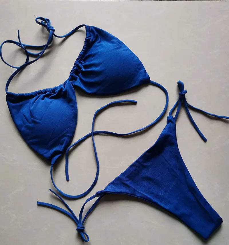 2 PCS Set S-XL Multi-Colors Summer Women's Sexy Bikini Push-Up Padded Bra Brazilian Thong Split Swimwear Female Bandage Bathing Suit Adjustable Lacing Swimsuit Solid