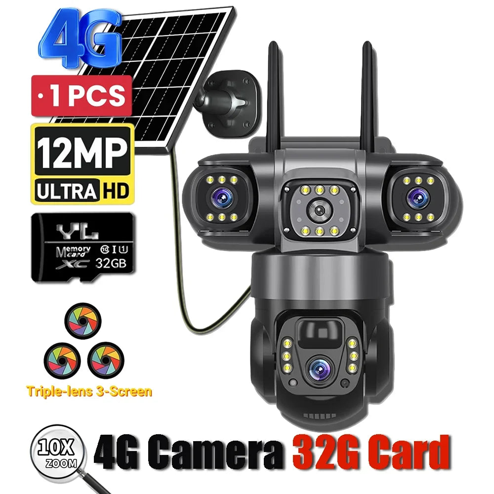 NEW V380 PRO 3 Lens IP Solar Camera HD 15 MP Outdoor Waterproof CCTV Night Vision Two-Way Audio Camera Mobile Tracking 4G IP Camera Home Office Factory Security Systems