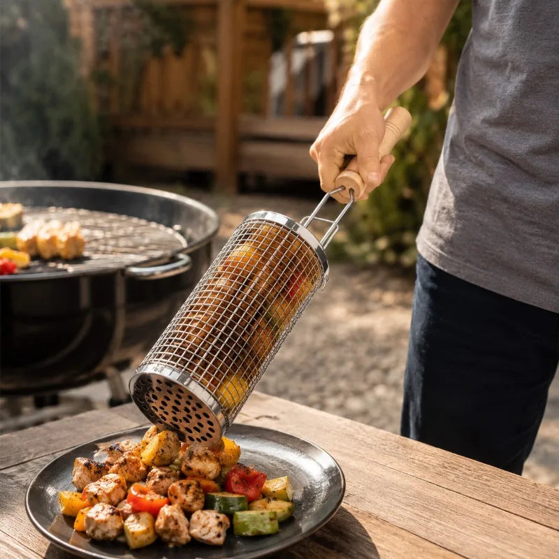 Round Barbecue Grill Basket Set Stainless Steel Rolling Steel Mesh Tube Barbecue Grill with Handle Essential for Outdoor Camping