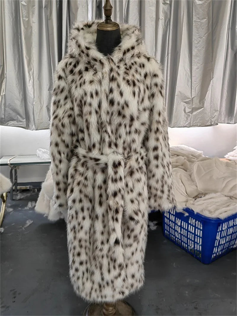 NEW Arrivals UK S-2XL Size 2 Colors Winter Warm Loose Plush Windbreaker With Hat Women Faux Fox Fur Black White Dot Leopard Coat Ladies Thick Long Overcoat