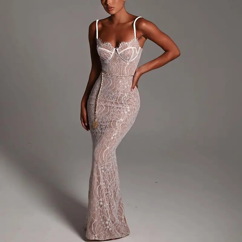 NEW Arrivals White/Black Sexy See Through Backless Lace Maxi Dress Women Off Shoulder Sleeveless Sling Long  Autumn Spring Summer Ladies Party Club Dress