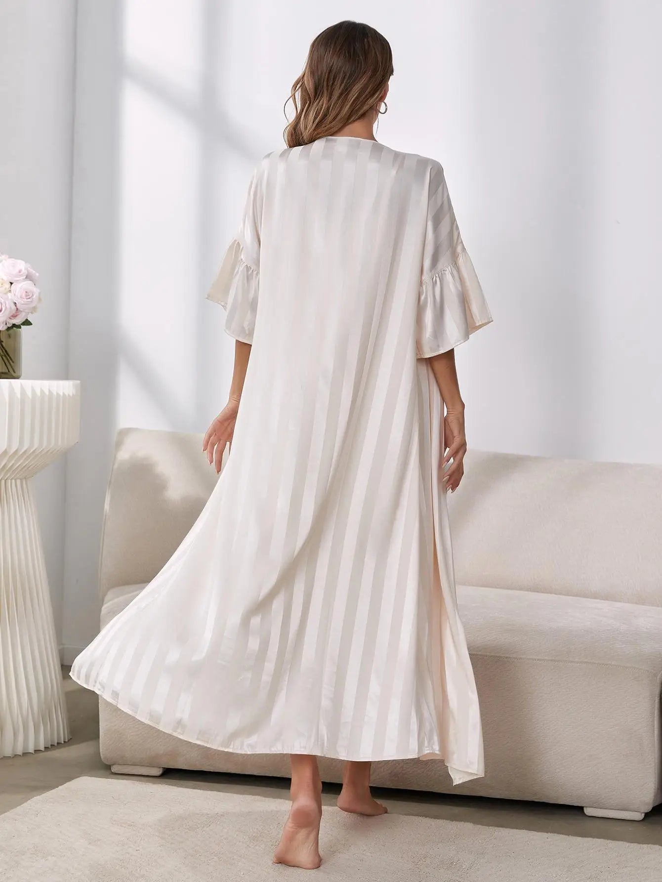 Women's Pajamas Robe Set Sexy Sling Sleepwear Dress Silk Like Homewear Luxury Strip Print Bathrobe 2pcs Suit Home Clothes Femme