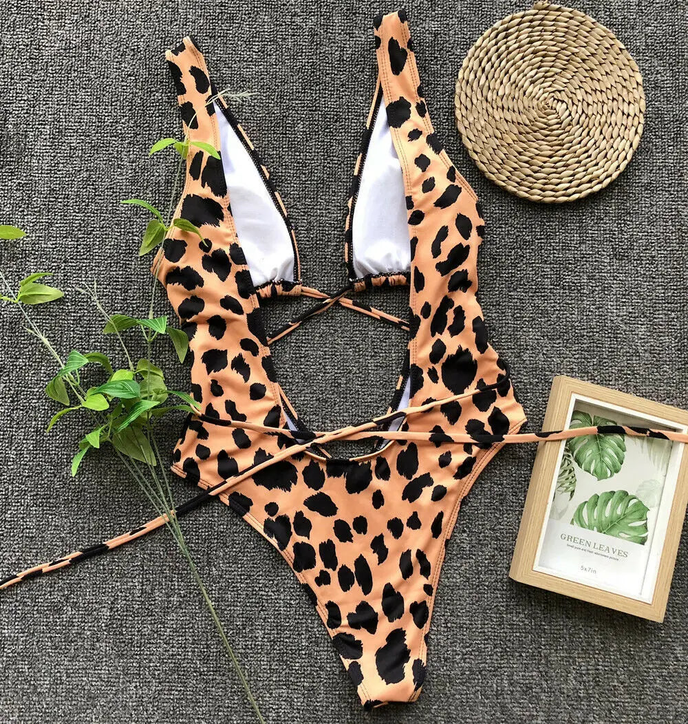 Leopard Print One Piece Swimsuit Monokini Swimwear Backless Beach New Fashion