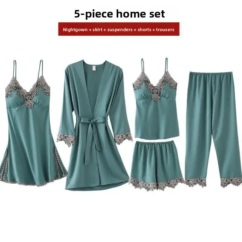 NEW Arrivals S-3XL Plus Size 5PCS Set 4 Colors Silk Feel Luxury  Pajamas Set Chubby Women's Nightgown Lingerie Sleepwear V Neck Home Clothes Fun Adult Toys And Games Ladies Sleepwear Sets