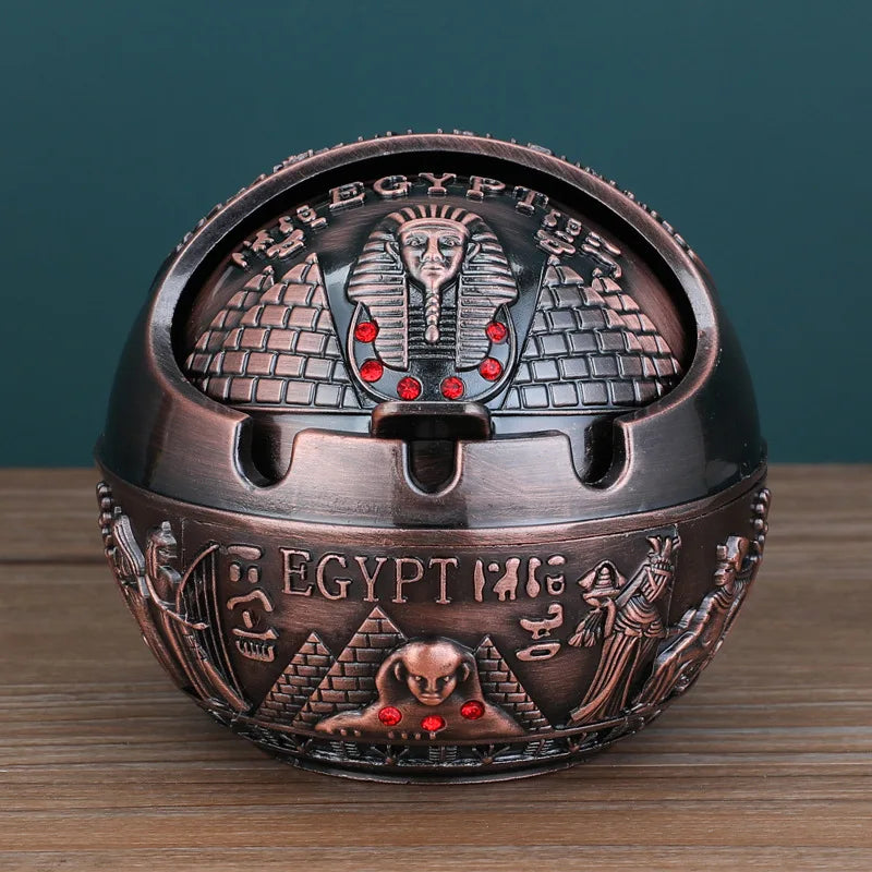 Collectible Ancient Egyptian Tutankhamun Pharaoh Ashtray Zinc Alloy Metal With Cover Anti-Fall Windproof Ashtray Home Living Room Tea Room Table Decoration