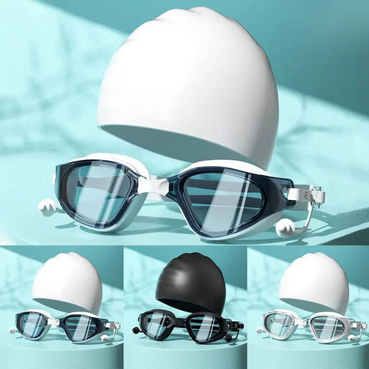 NEW 2PCS Set Anti-Fog Adult Swimming Goggles Set Adjustable with Nose Clip Silicone Swim Cap Anti-Leakage UV Protection Diving Eyewear Swimming Accessories Sports Supplies