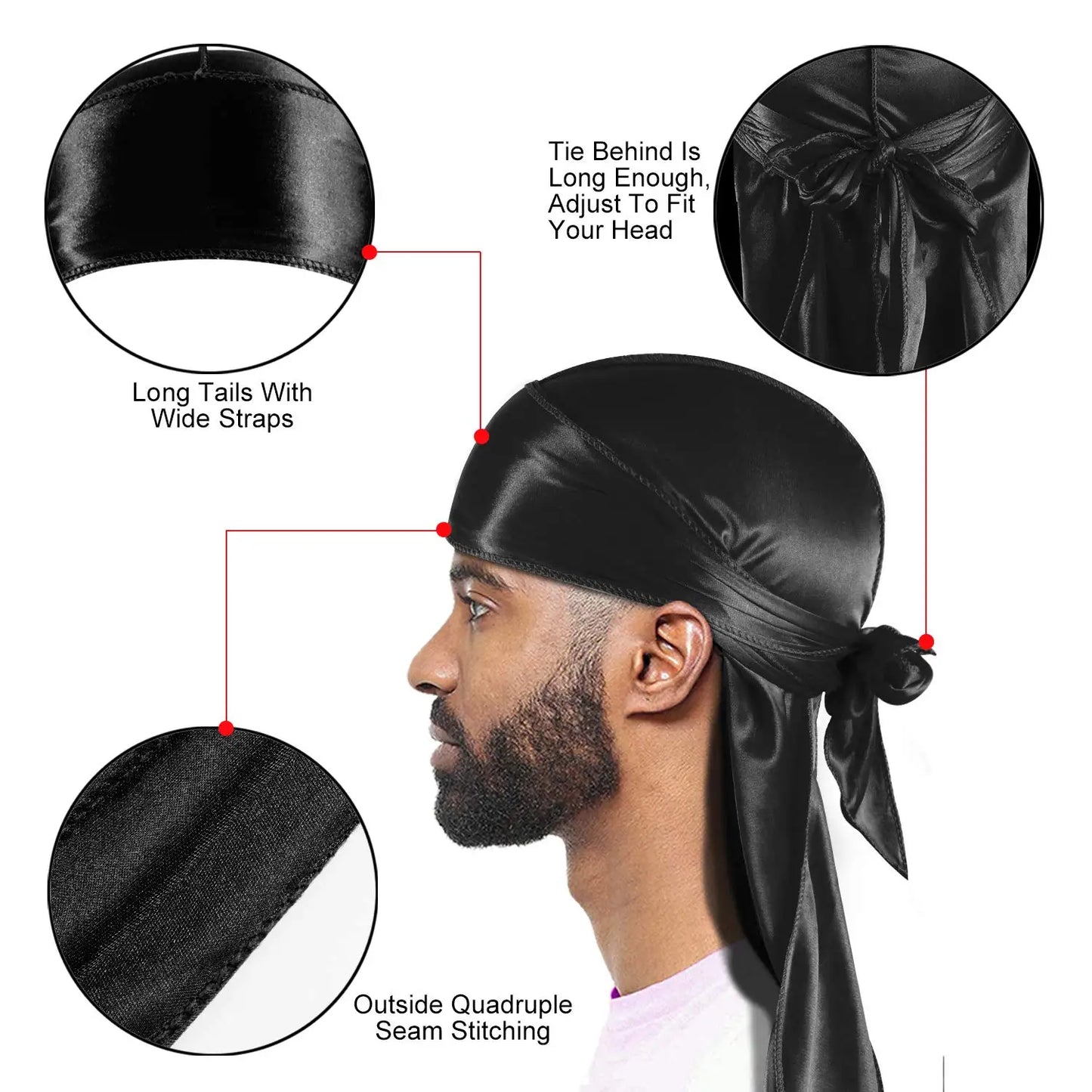 3 PCS Ice Silk Set Women Men Silky Durag Headwraps Durag With Free Waves Cap Durags Pack with Long Tail and Wide Straps Bandanas