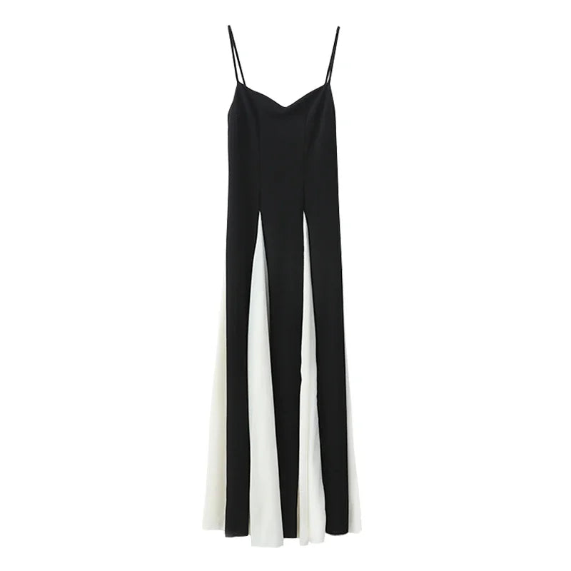 NEW Italian Fashion Gauze Contrasting Color Strap Sling-Long Sleeves Maxi Dress For Women Girls Elegant Backless Sleeveless High Waist Evening Party Dress Female Ladies Luxury Fashion Clothing Supplies