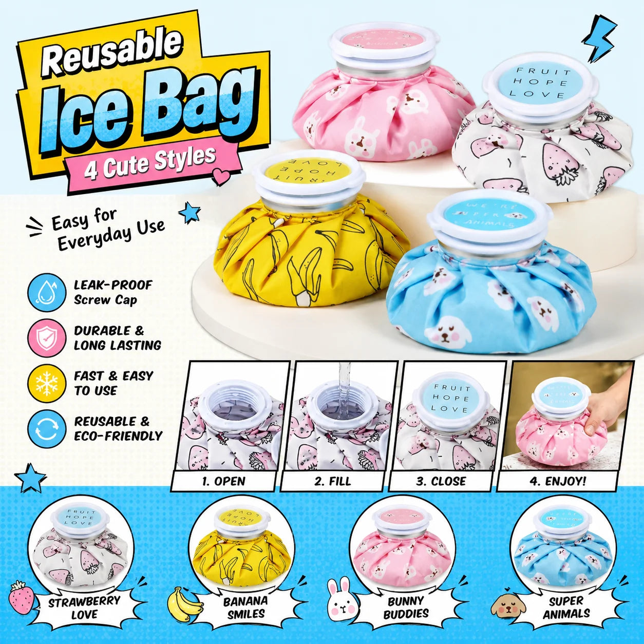 4 Styles Reusable Ice Bag, Cute Portable Cooling Ice Pack, Leakproof Cold Water Bag for Home Outdoor Sports Travel