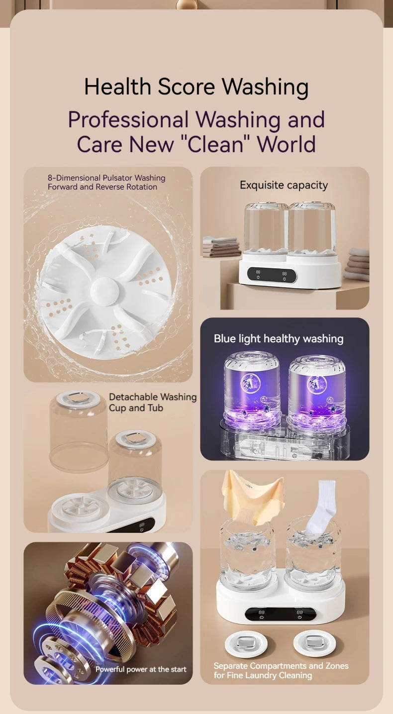 Double Cup Washing Machine for Underwear and Socks, Babies Clothes, Mini Laundry Cup, No Installation Needed, Small and Portable Home Indoor Outdoor Travel Camping Washing Machine