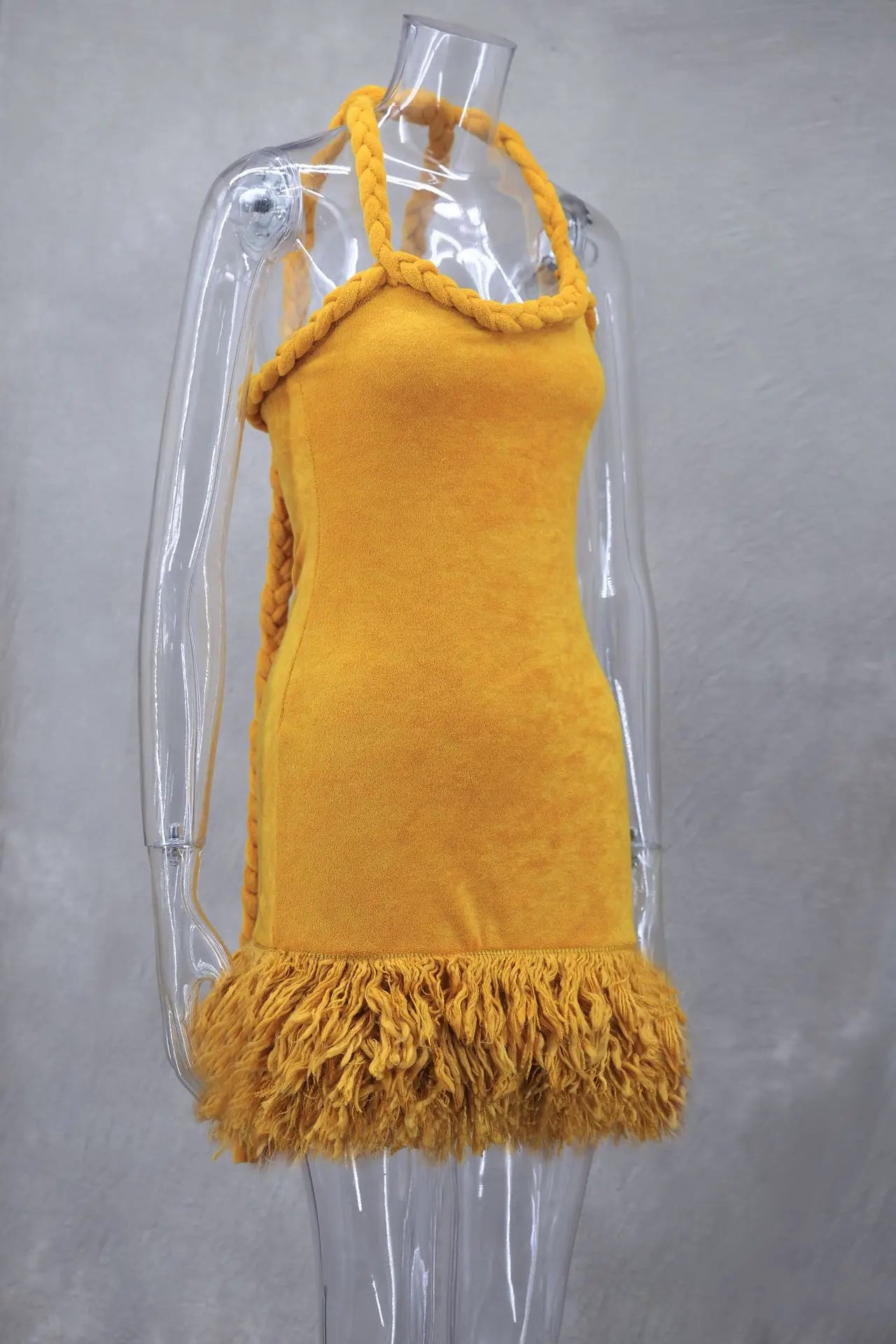 NEW Arrivals Fluff Patchwork Dress Women Halter Extra-Long Bandage Sleeveless Backless Autumn Spring Summer Trend Evening Party Clubwear Mini Bodycon Ladies Girls Sexy Fashion Apparel Supplies