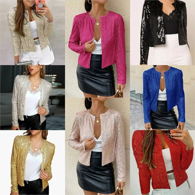 S-3XL Plus Size Elegant Chic Blazer Shining Sequins Short Coat New Fashion Long Sleeve O-Neck Cardigan Jacket Open Front Outwear Female Clothing Supplies
