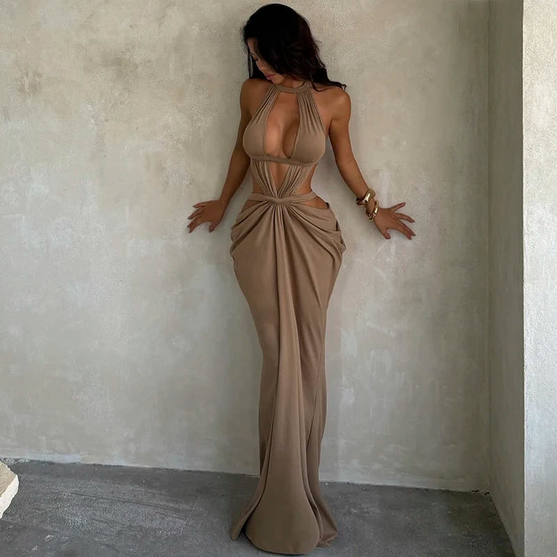 Sexy Halter Cut-Out Draped Super-Cut Back Bare Elegant Evening Party Maxi Dress Waistless Backless Sleeveless Khaki Evening Prom Long Dress