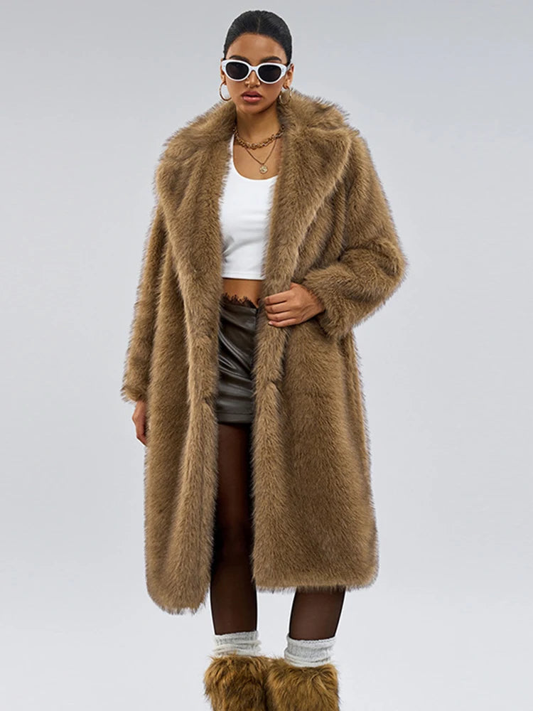 Low-Price Sales are Limited S-2XL NEW Luxury Women's Female Faux Fur Coat Lapel Loose Long Sleeve Solid Color Loose Thick Warm Camel Jackets Winter Snow Warm Outerwear Girls Ladies Winter Luxury Fashion Clothing Supplies