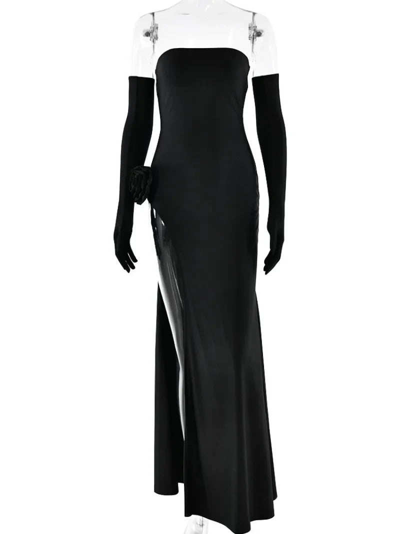 NEW Arrivals Red/Black Women Luxury Strapless Flower High Slit Long Maxi Formal Dress Autumn Long Sleeve Gloves Bodycon Sleeveless Wedding Birthday Party Night Club Business Dinner Dresses Ladies Luxury Fashion Clothing Suppl