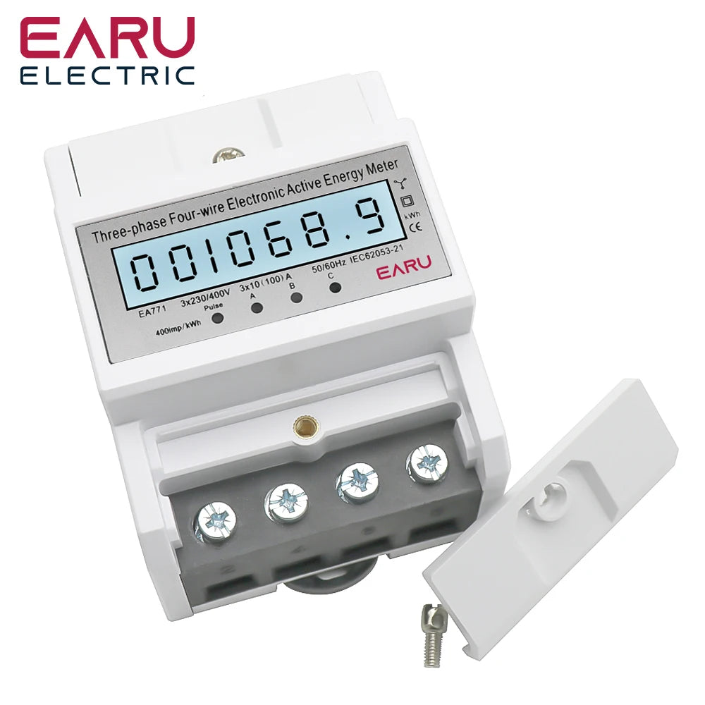 NEW Arrivals Din Rail AC 230 220V 3 Phase 4 Wire Energy Meter Power Consumption Monitor kWh Meter Wattmeter Bi Volt 100A 50/60Hz LCD Backlight