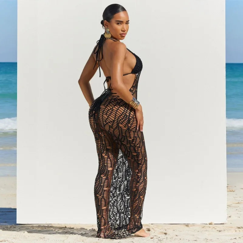 Women Summer Beach 3 Piece Set Bikini Bra + Thong + Lace Up Halter Backless Hollow Out Fishnet Long Dress Vacation Cover Ups