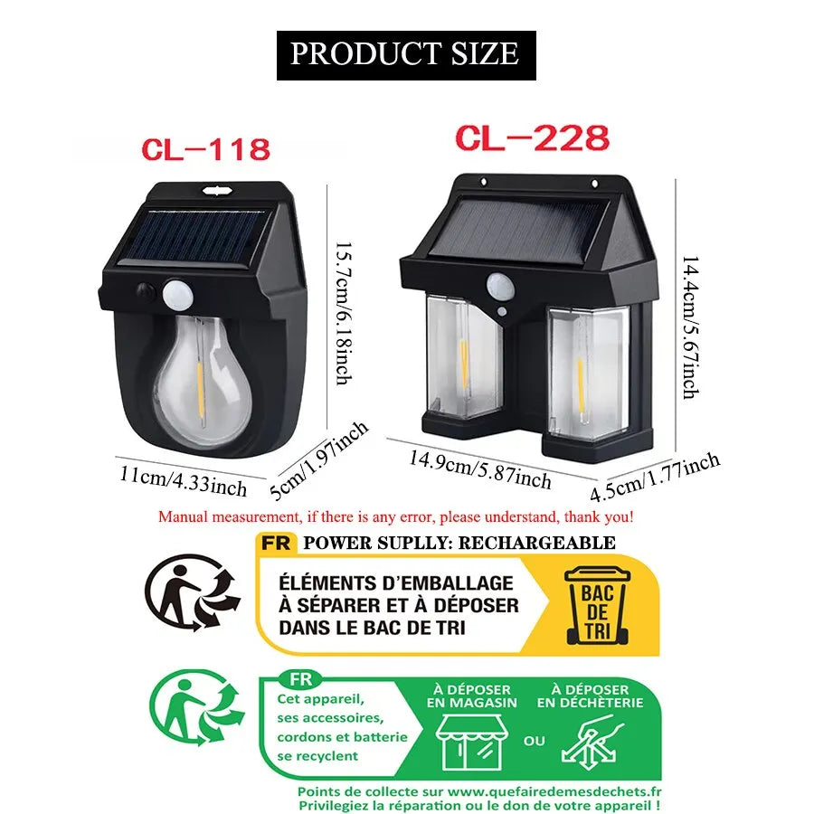 Solar Powered Rechargeable Light Tungsten Wire Human Body Induction LED Lamp IP44 Waterproof Outdoor Wall Lamps Decorative