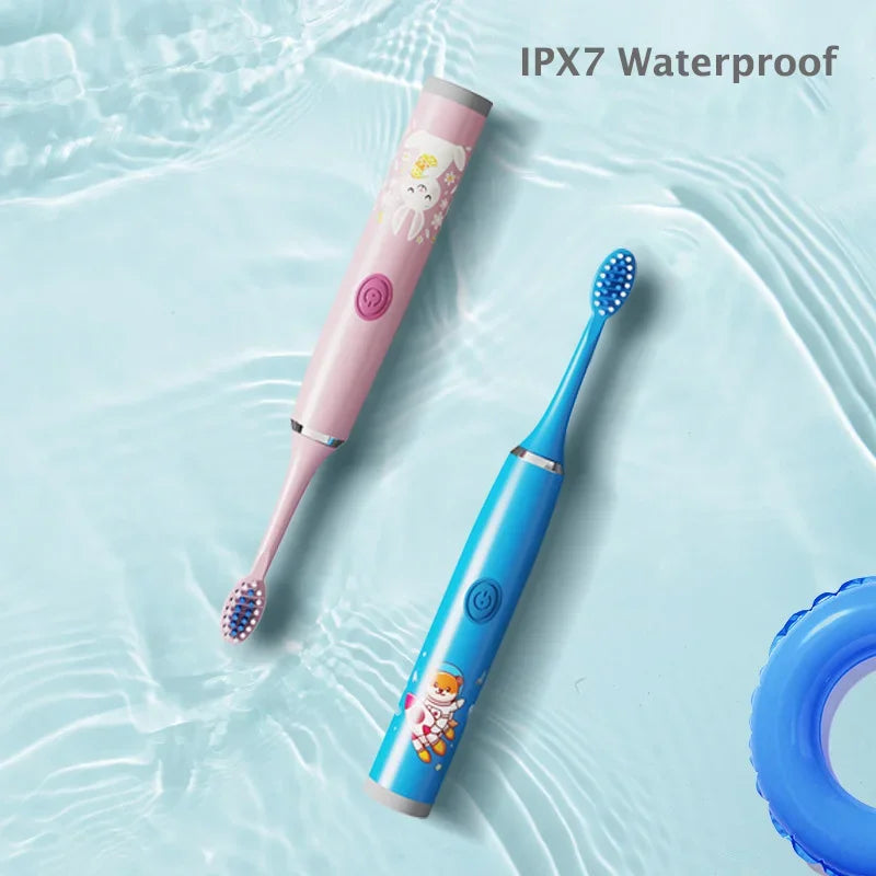 Colorful Sonic Children's Electric Toothbrush Rechargeable Cartoon Design Automatic IPX7 Waterproof with 5 Replacement Heads Children Oral Hygiene Supplies