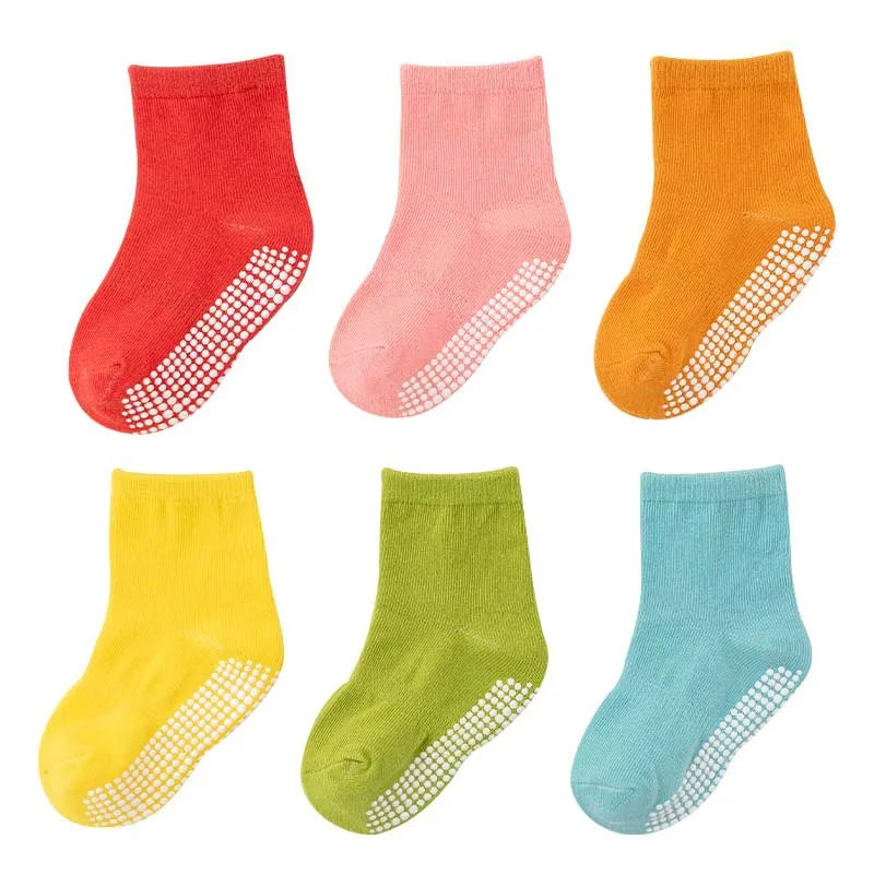 NEW 0-7Y 6 Pairs Set Lot Spring Autumn Newborn Kids Anti-Slip Cotton Socks Solid Color Soft Breathable Cotton Baby's Boat Socks Boys Girls Trampoline Socks