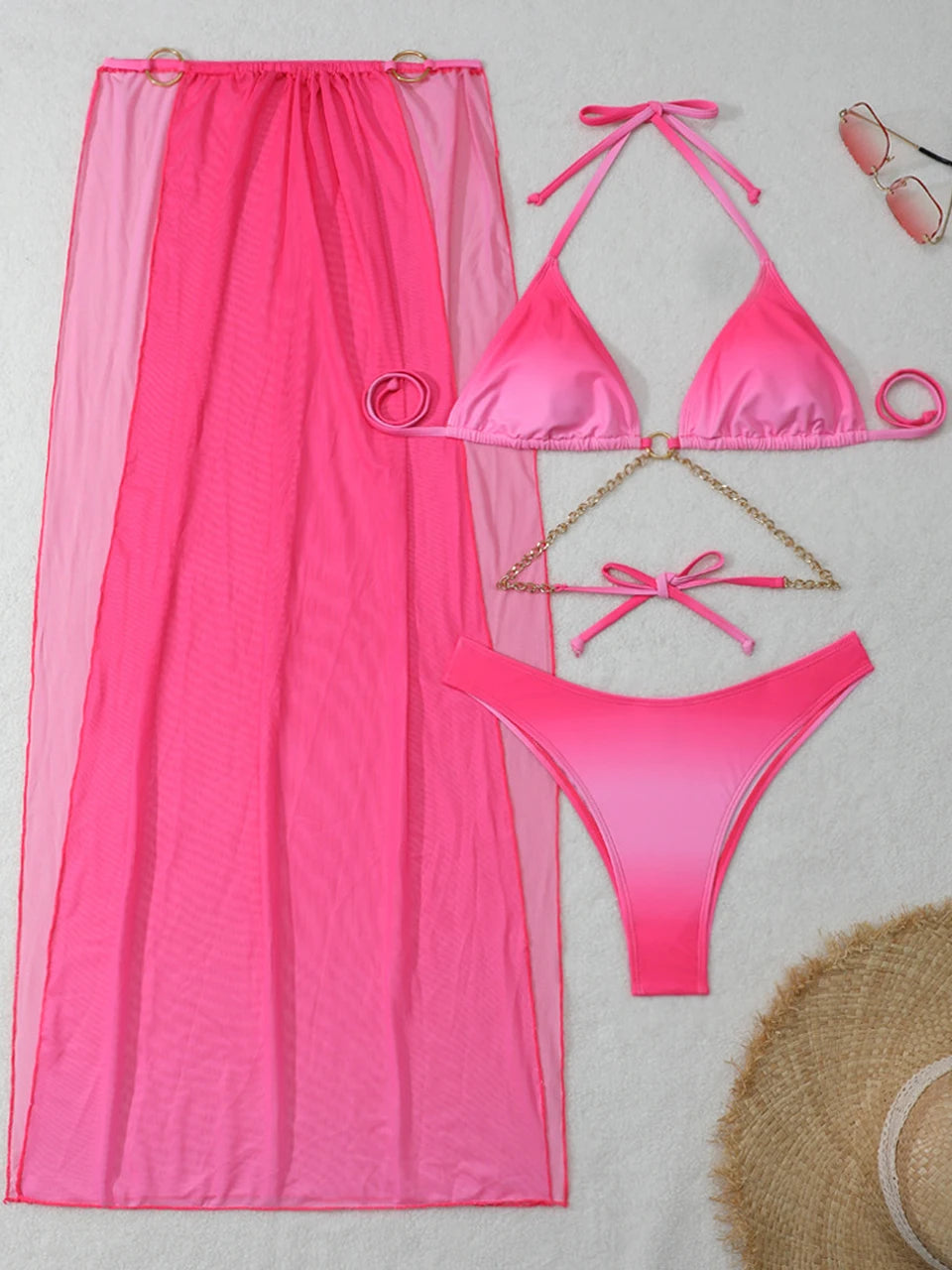 NEW Arrivals 3PCS Set 3 Colors Backless Bikinis & Long Beach Skirt Swimwear New Women Ring Link Swimsuit Lady Bathing Swimming Summer Girls Ladies Sexy Beachwear Suit