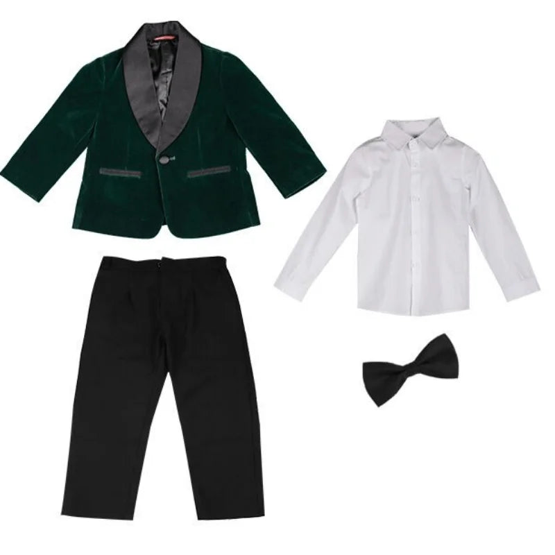4 PCS Set Green/Black/Red Velvet Suit Luxury Fashion Baby Boy Formal Clothes Set Velvet Jacket Pant Shirt Bowtie Infant Toddler Child Blazer Jacket Baby Clothes Suit 1Y-12Y