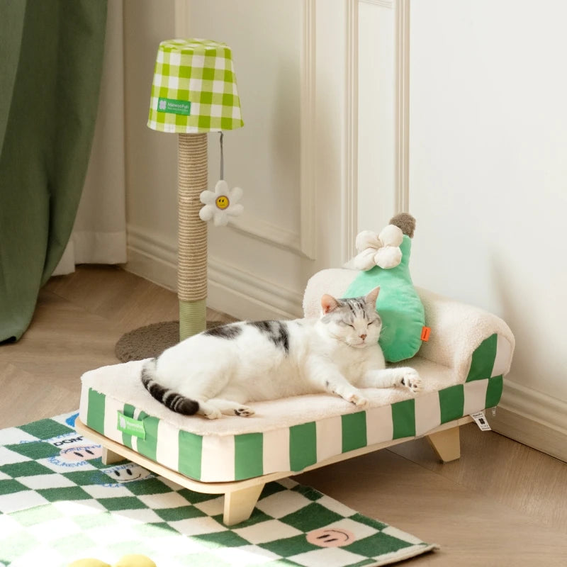 Elevated Pet Bed Nordic Pet Stool Bed with Cozy Pad & Pillow Pet Sofa Bed with Sturdy Wood Legs for Small Dog Kitten